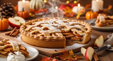 Delicious apple pie displayed with autumnal decorations for a festive scene