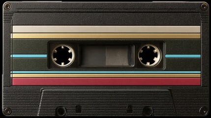 Single vintage black audio cassette tape with colorful stripes.