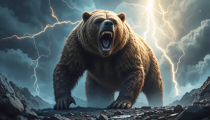 Roaring Bear on Rocky Terrain Under Stormy Sky with Lightning Bolts