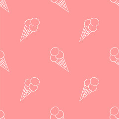 Ice cream balls in a waffle cone. Seamless pattern in doodle style on white background. Vector illustration