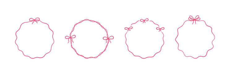Bow circle coquette frame set. Vintage lace ribbon round border. Hand drawn circle line frame with bow. Doodle girly decorative pink border. Vector illustration isolated on white background.