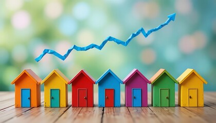 Colorful Wooden Houses with Upward Arrow Symbolizing Real Estate Growth