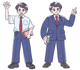 夏服と冬服の制服を着た男子生徒の全身イラスト
