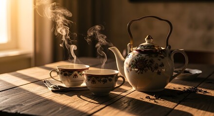 Traditional Teapot and Two Porcelain Cups on Wooden Table – Warm Steam and Cozy Companionship