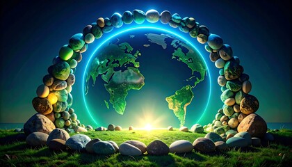 Earth framed by colorful stones at sunrise