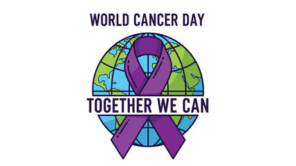 World Cancer Day graphic with a purple ribbon wrapped around a stylized globe, conveying a message of unity and hope.
