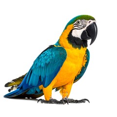 Fototapeta premium A vibrant blue and gold macaw, standing on a white background, is captured in a profile view