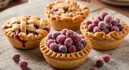 Delicious miniature fruit pies on a wooden surface with assorted berries