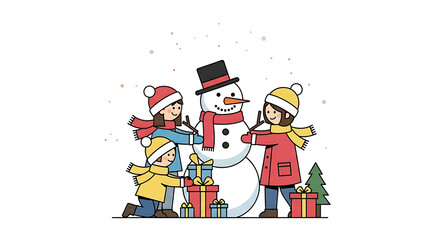 Obraz premium Joyful 2D flat Christmas illustration of children building a cheerful snowman and decorating with Christmas gift boxes, embodying flat holiday season art and festive winter celebration