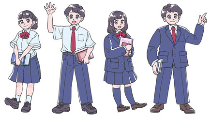 夏服と冬服の制服を着た男子と女子生徒の全身イラスト