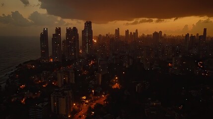 City skyline at sunset, lights illuminate buildings
