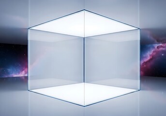 Minimalist glass cube installation, glowing ethereal light against cosmos expanse concept idea presentation