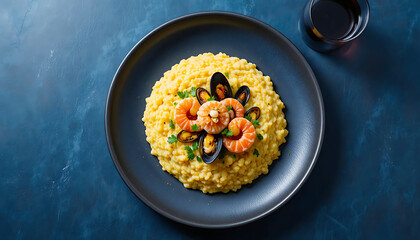 Gourmet Saffron Risotto with Shrimp, Mussels, and Scallops on Dark Plate