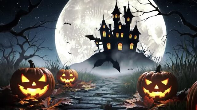 Halloween night with haunted house, pumpkins, bats and full moon in background