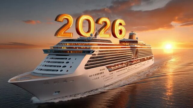 Cruise ship in the golden light: A cruise ship sailing on the ocean with a sun set and the year 2026. An evoking a sense of tranquility and the promise of future exploration.