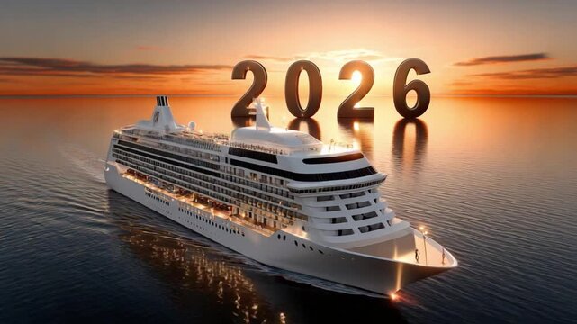 Cruise into the future 2026: A luxury cruise ship sails towards the future, under a majestic sunset, with the year 2026 boldly displayed, embodying travel dreams and aspirational experiences.