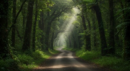 Obraz premium Lush green forest path with sunlight streaming through the trees creating a scenic natural environment