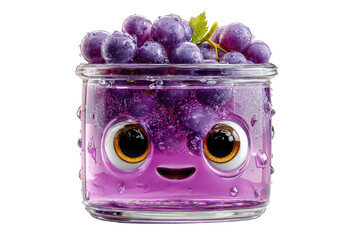 Cute cartoon style purple jelly jar character with large expressive eyes and a tiny smiling mouth filled with fresh blueberries and condensation droplets on glass