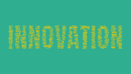 Innovation Word Cloud in Yellow Text on Green Background
