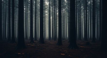 Fototapeta premium Dense forest of tall trees with dark shadows and atmospheric lighting