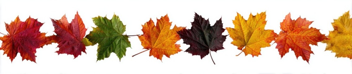 Colorful Autumn Maple Leaves in a Row Displaying Vibrant Fall Foliage