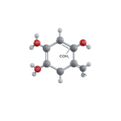 The molecular structure model of vitamin C acid shows carbon, oxygen, and hydrogen atoms used in medicine