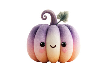 Adorable cartoon-style pumpkin with a cute smiling face, vibrant purple and orange color gradient, small green leaf and curly vine on top, perfect for Halloween or autumn themes