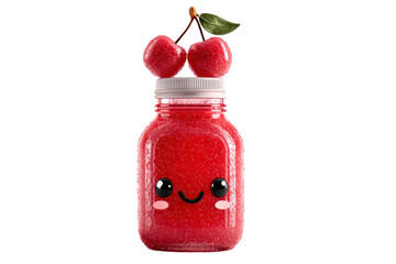Adorable cartoon-style red cherry character with a smiling face and big eyes sitting on top of a jar filled with red liquid with sugar crystals, cute fruit design