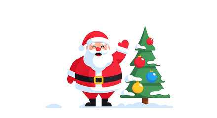 Vibrant 2D flat Christmas illustration featuring Santa Claus and a festive flat Christmas tree, perfect for holiday season art and clean flat Christmas design