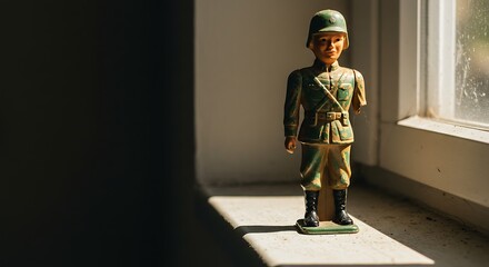 Vintage toy soldier figure illuminated by sunlight on a window ledge