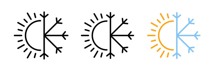 Hot and cold temperature icon symbol, Sun and Snowflake sign, Air conditioning, stroke, filled and colored concept for web design.
