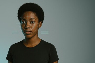 biometric face scan with transparent ui rings and progress bars over a young black woman, cool cyan glow in minimal studio, concept of identity verification, cybersecurity, fintech onboarding