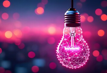 Glowing lightbulb with a digital network design against a blurred, colorful background.