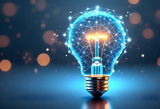 A glowing light bulb with a digital network overlay, symbolizing innovation and connectivity against a bokeh background.