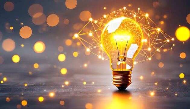 A glowing lightbulb, illuminated with golden light, surrounded by a network of connected nodes, representing ideas.