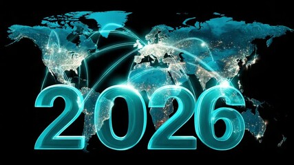 The World in 2026: Illuminating a futuristic global network, where the world map merges with glowing numbers, representing the technological advances and interconnectedness of our world. - Powered by Adobe