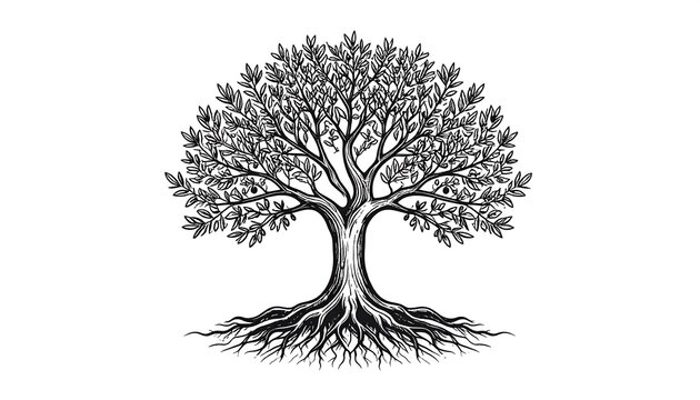 Detailed ink drawing of a large tree with exposed roots