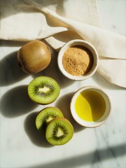 Kiwi fruit brown sugar and olive oil for a homemade face mask.