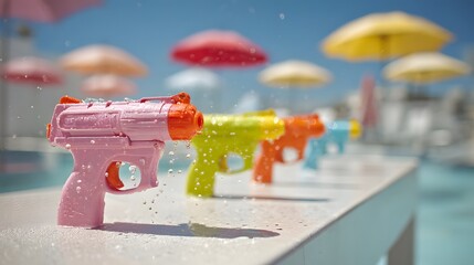 Colorful Water Guns in Row with Summer Umbrellas at Poolside