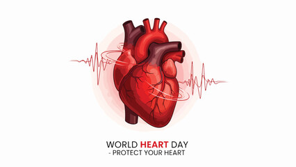 A realistic illustration of a human heart with a pulsating electrocardiogram waveform in the background, promoting World Heart Day and heart health awareness.