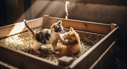 Adorable kittens playfully wrestling in a rustic wooden crate filled with hay. Perfect for animal rescue campaigns, heartwarming pet adoption announcements, veterinary promotions.