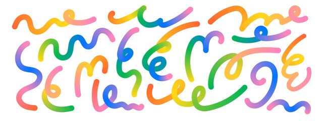 Gradient ribbon doodle vector set. Colorful swirl shapes and wavy line patterns for vibrant kid designs. Squiggly vector elements.