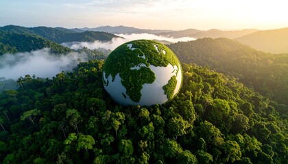 Earth globe amidst lush green forest