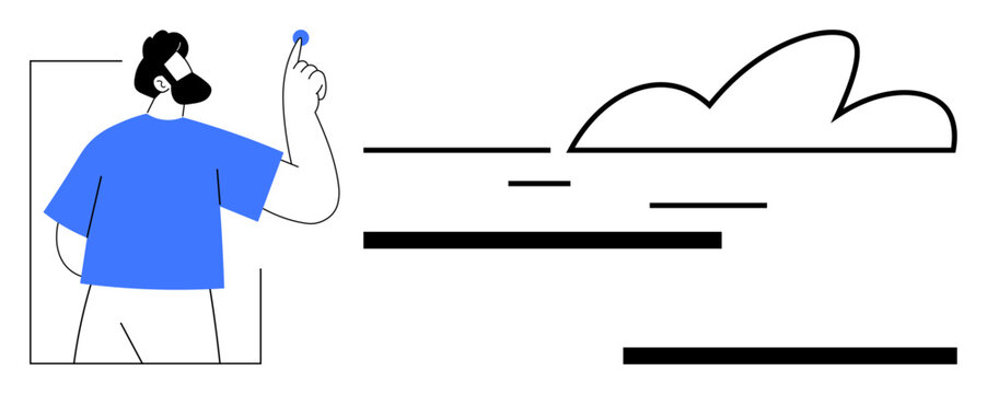 Man in blue shirt standing with outstretched hand holding a small object near a cloud. Ideal for technology, innovation, connectivity, imagination, minimalism, creativity, digital transformation