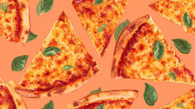 Seamless texture with tasty margherita pizza slices and fresh basil leaves.