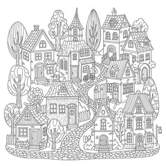 Fototapeta premium Charming village scene with winding cobblestone paths and a variety of quaint houses and trees, handdrawn illustration style, black and white