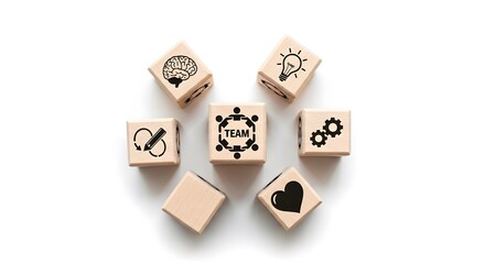 Team collaboration concept wooden blocks with icons on bright white background Brainstorm Idea Gears Heart Teamwork Growth
