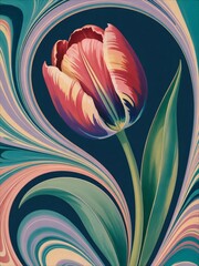 Vibrant Tulip Bloom with Swirling Art Nouveau Inspired Background.