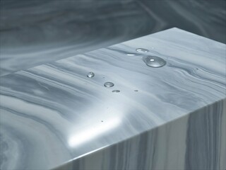 Water droplets on a polished marble surface showcasing the smooth texture and reflective qualities of the stone.