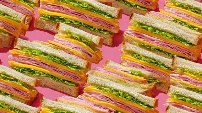Repeating Pattern of Delicious Club Sandwiches on a Vibrant Pink Background